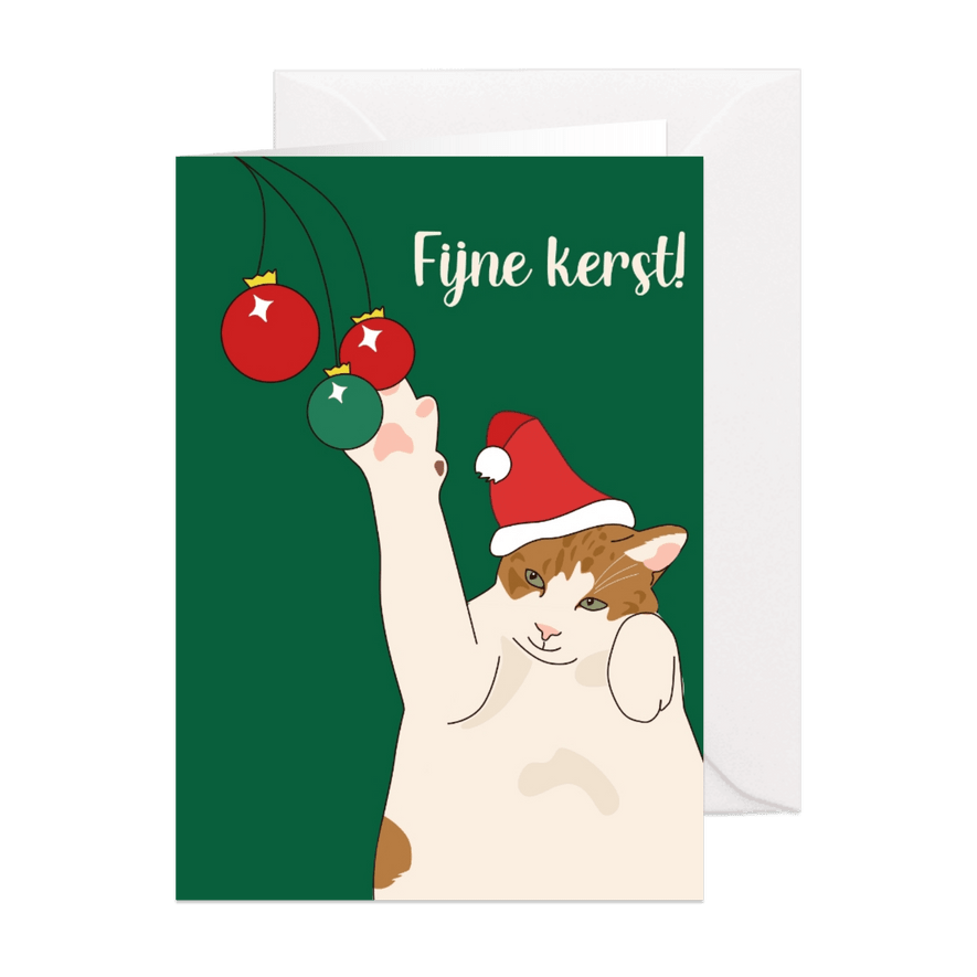 Kerstkaart kat met kerstballen - Kaartimpressie