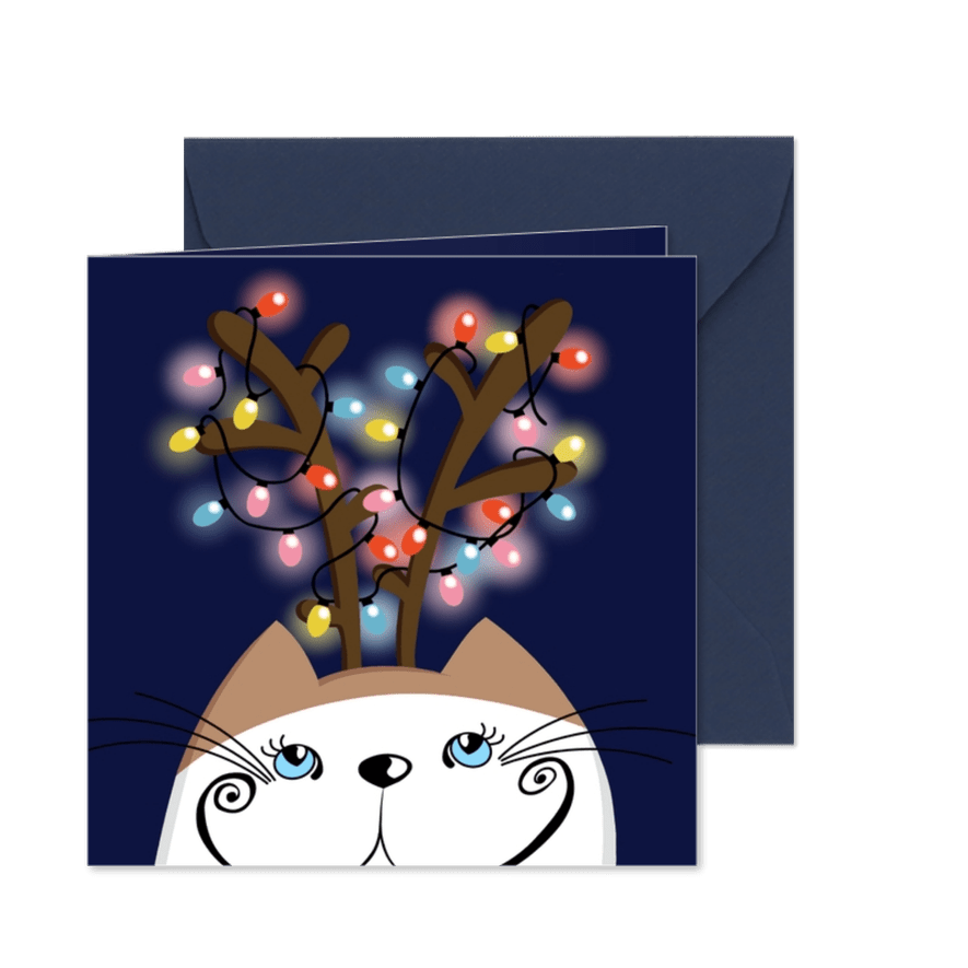 Kerstkaart - Kat met kerstlichtjes - Kaartimpressie