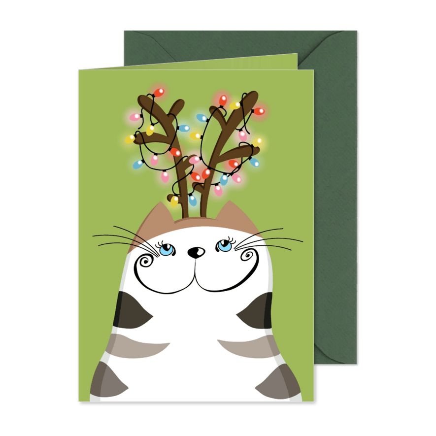 Kerstkaart - Kat met kerstverlichting - Kaartimpressie