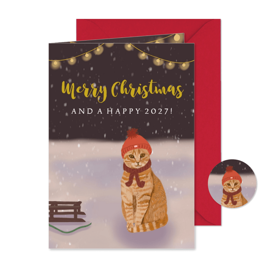Kerstkaart kat met muts - Kaartimpressie