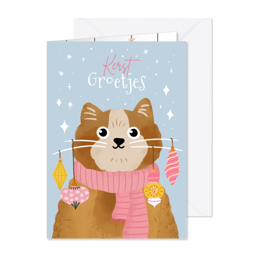 Kerstkaart kat met ornaments - Kaartimpressie
