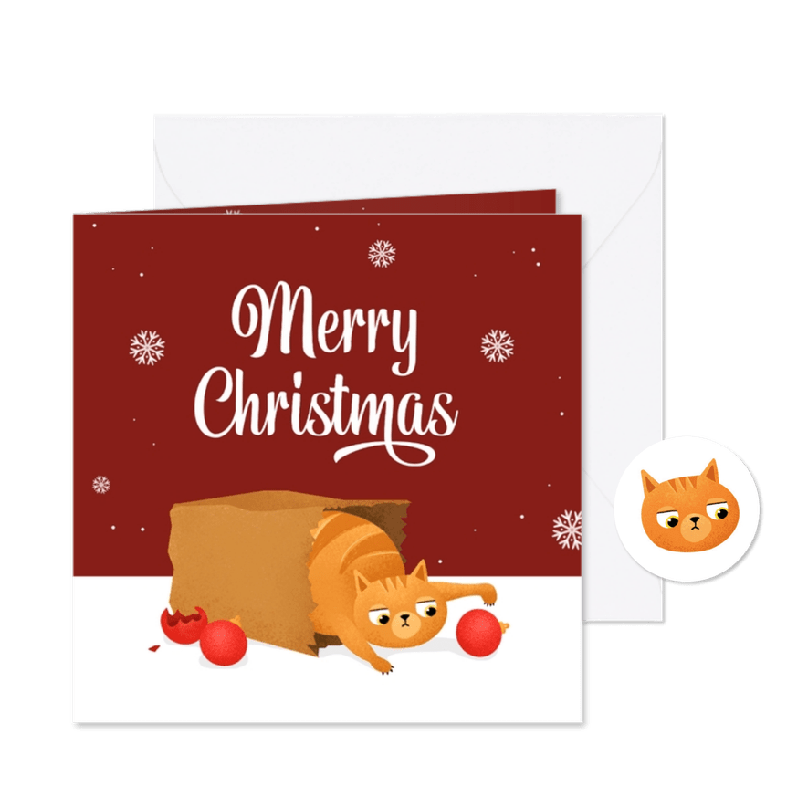 Kerstkaart kat poes kerstballen sneeuw - Kaartimpressie