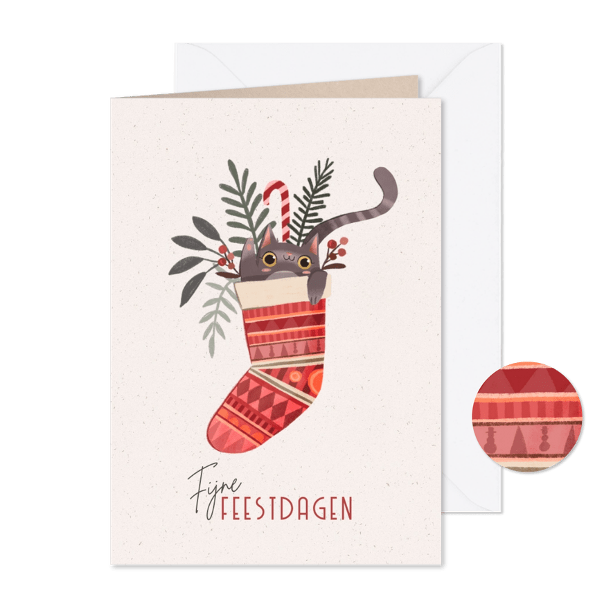 Kerstkaart katje in kerstsok - Kaartimpressie