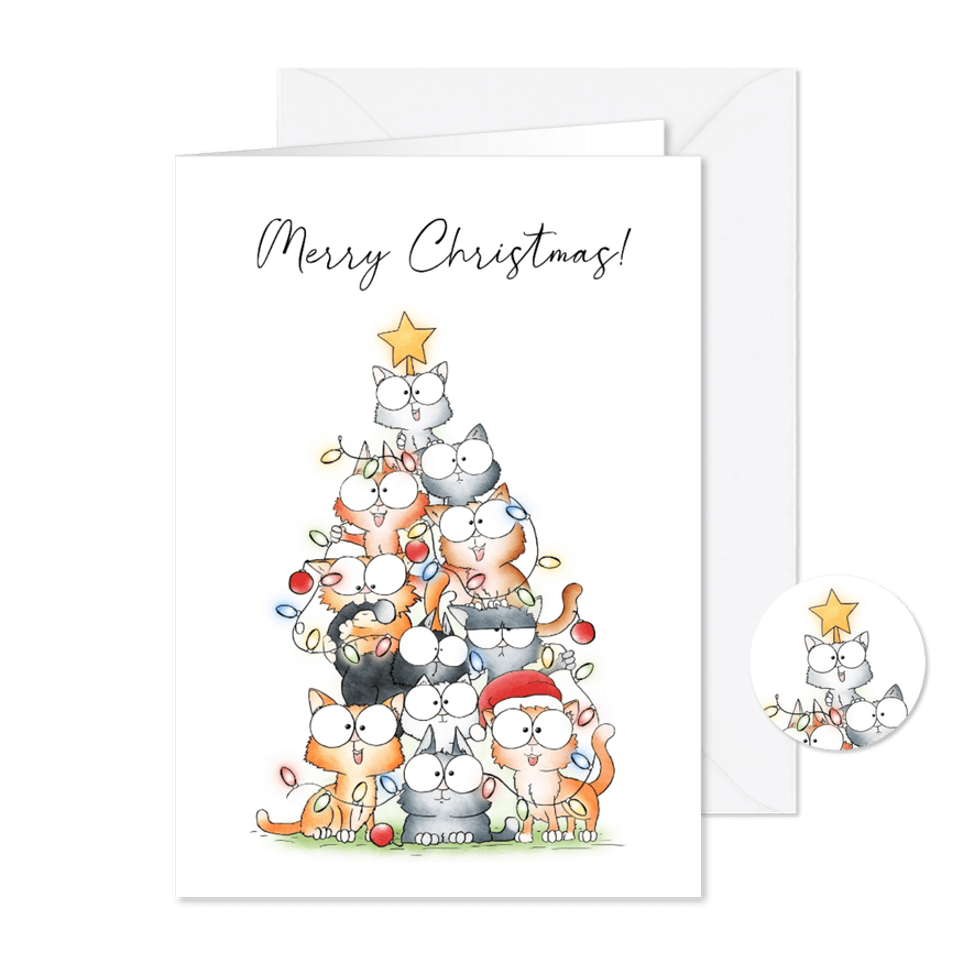 Kerstkaart - Katten gestapeld als kerstboom - Kaartimpressie