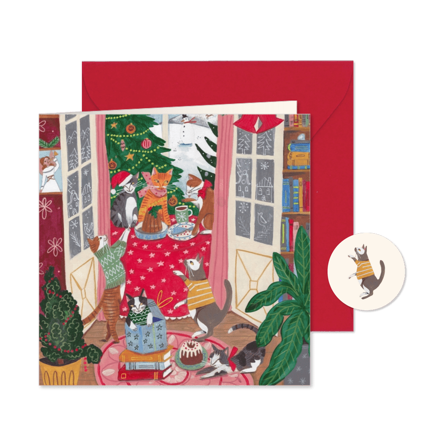 Kerstkaart katten gezellig bij de kerstboom  - Kaartimpressie