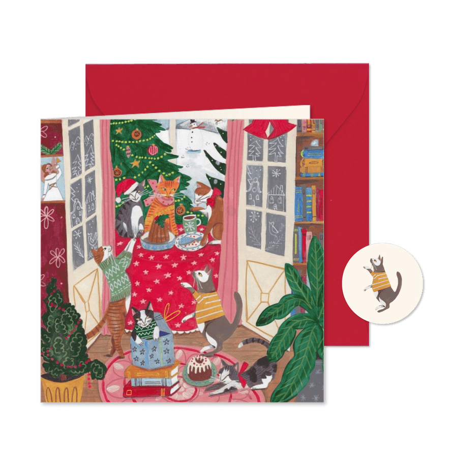 Kerstkaart katten gezellig bij de kerstboom - Kaartimpressie