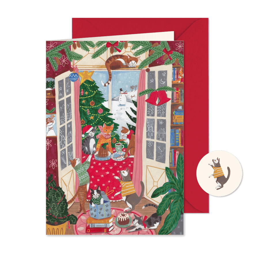 Kerstkaart katten gezellig in de woonkamer bij de kerstboom - Kaartimpressie