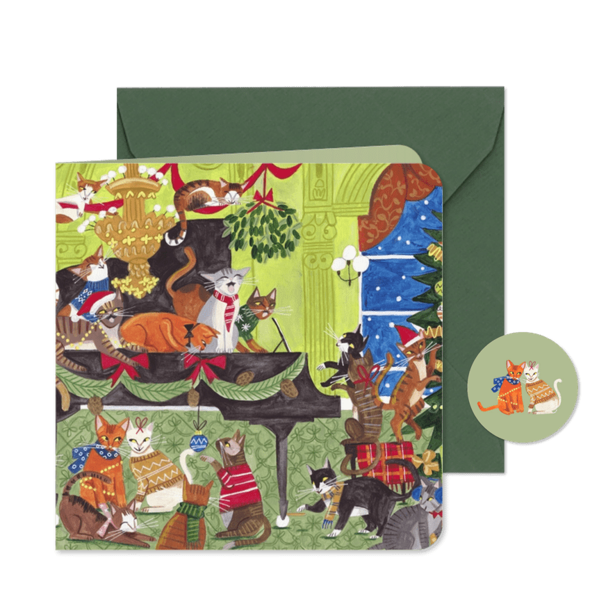 Kerstkaart katten piano muziek kerst illustratie - Kaartimpressie
