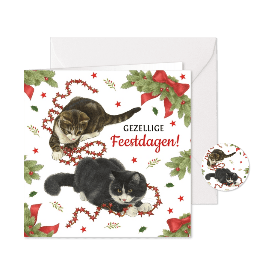 Kerstkaart katten spelen met slinger - Kaartimpressie