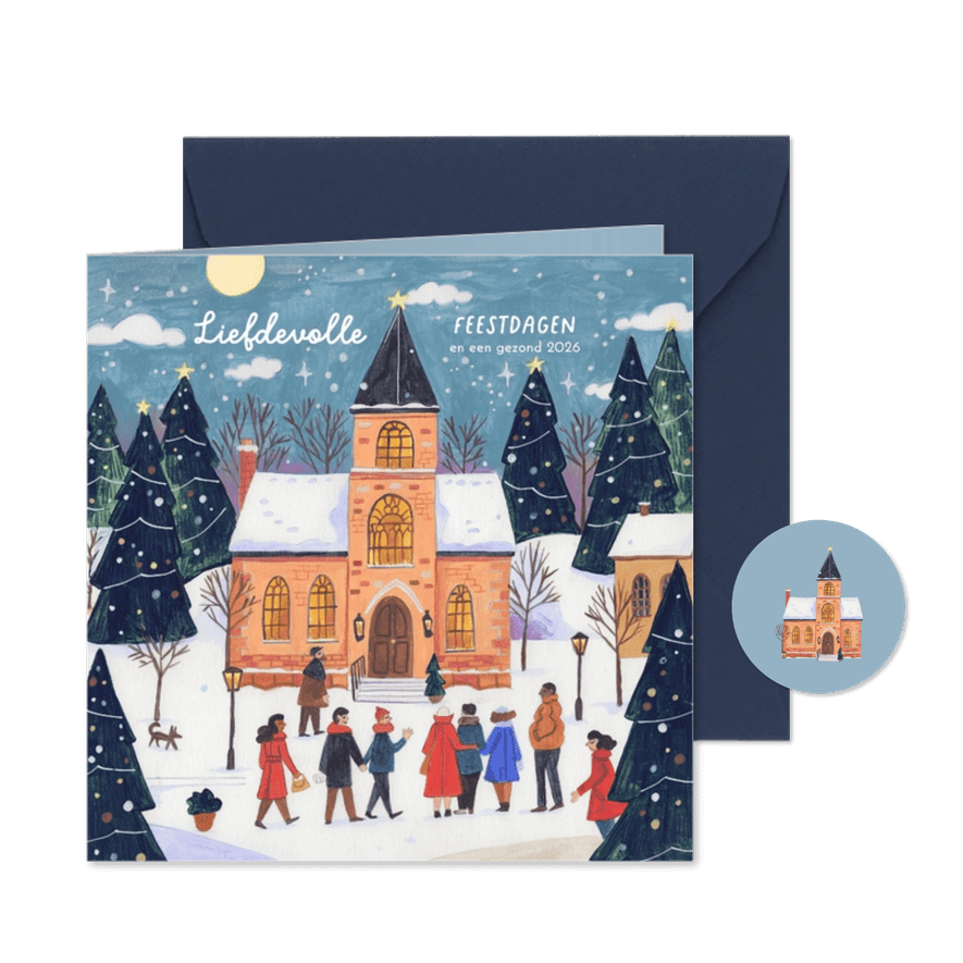Kerstkaart kerkje en kerstbomen in de sneeuw - Kaartimpressie