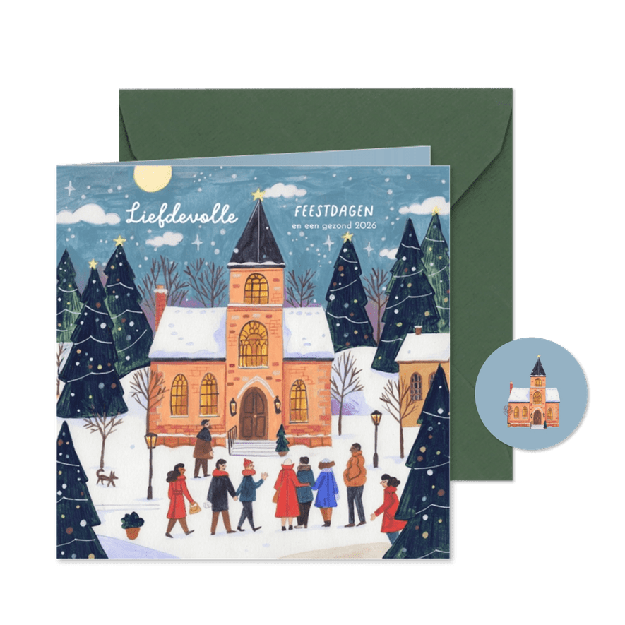 Kerstkaart kerkje en kerstbomen in de sneeuw - Kaartimpressie