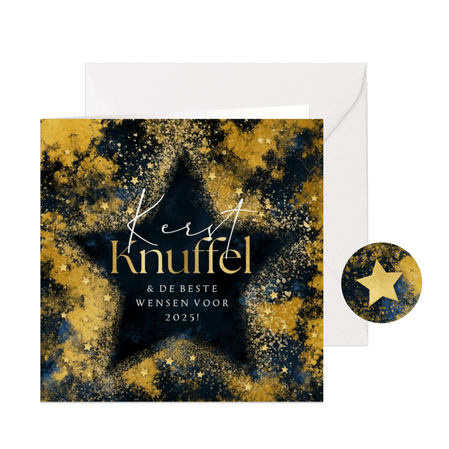 Kerstkaart 'Kerst knuffel' silhouet ster goudlook spetters - Kaartimpressie