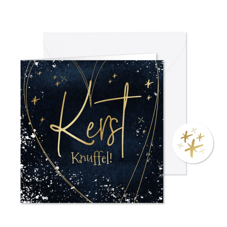 Kerstkaart 'Kerst knuffel' watercolour goudlook hart sneeuw - Kaartimpressie