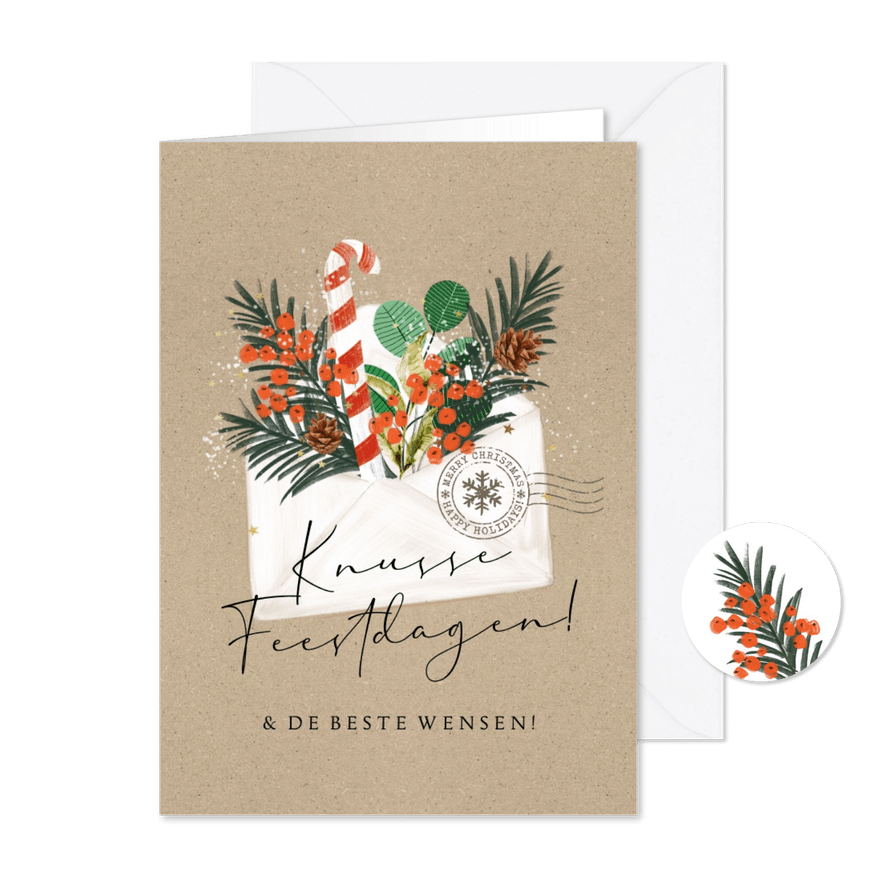 Kerstkaart kerstakken envelop op kraft gouden sterren - Kaartimpressie