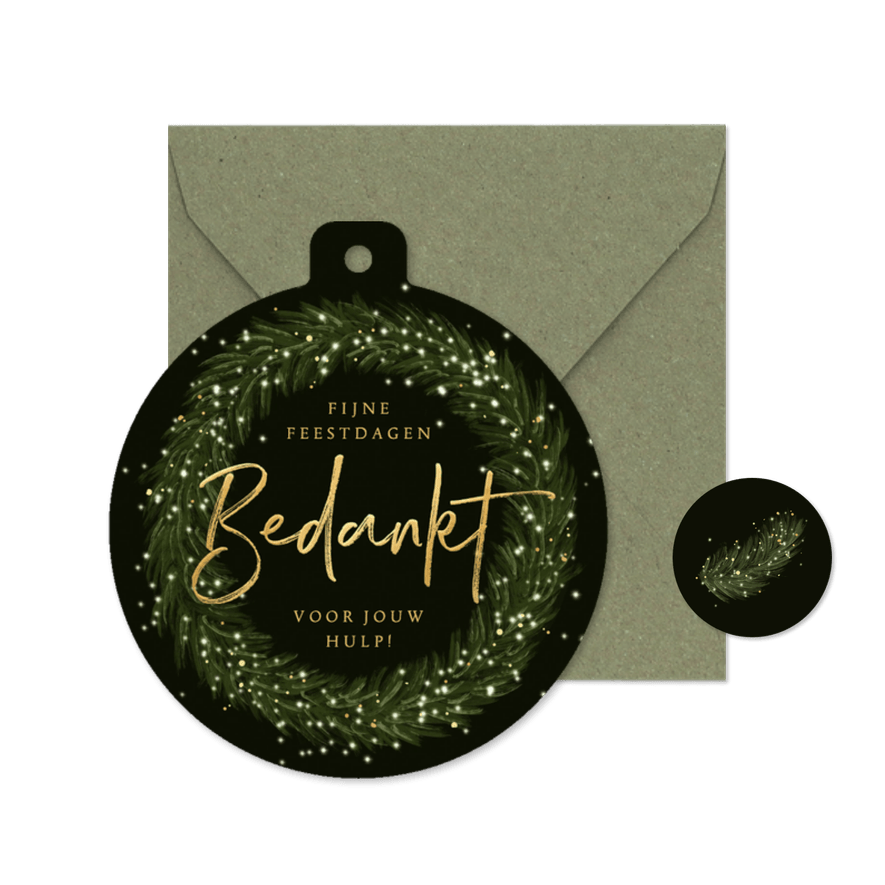Kerstkaart kerstbal bedankt kerstkrans lichtjes goud - Kaartimpressie