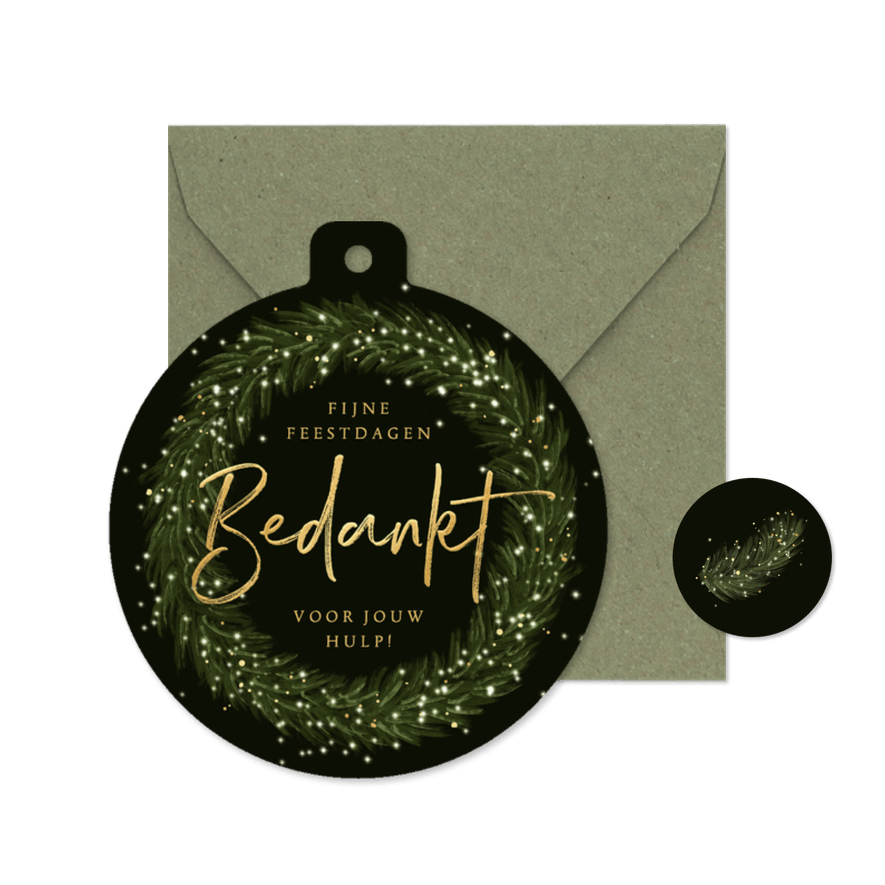 Kerstkaart kerstbal bedankt kerstkrans lichtjes goud - Kaartimpressie