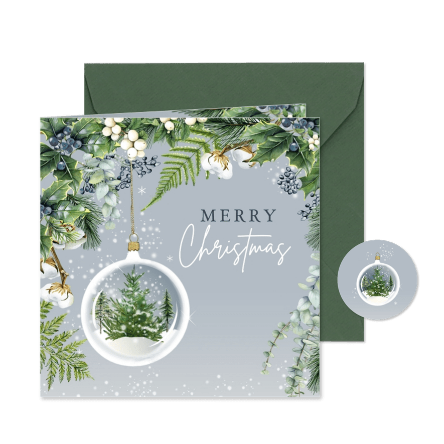 Kerstkaart kerstbal botanische takken - Kaartimpressie