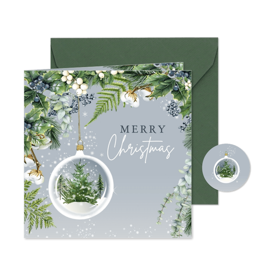 Kerstkaart kerstbal botanische takken - Kaartimpressie