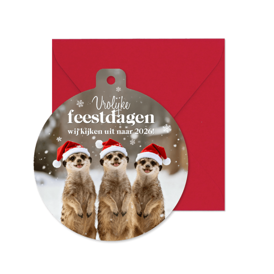 Kerstkaart kerstbal dieren stokstaartjes grappig vrolijk - Kaartimpressie