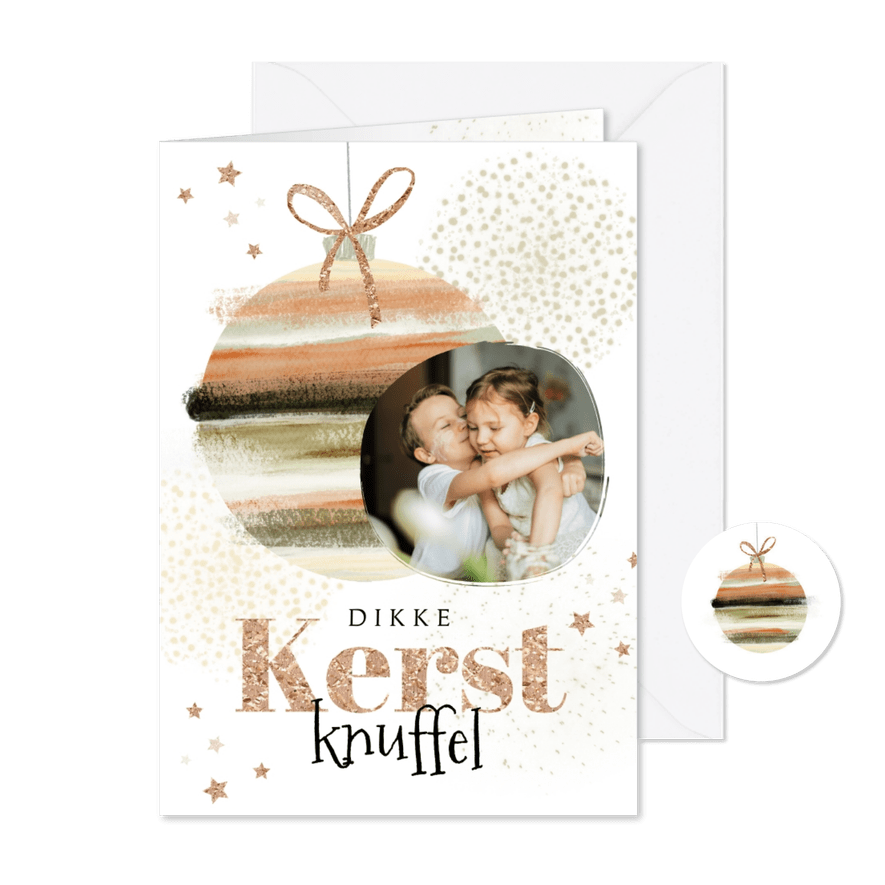 Kerstkaart kerstbal foto glitters sterretjes waterverf - Kaartimpressie