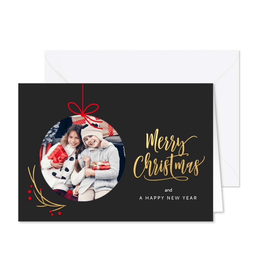 Kerstkaart kerstbal foto kader donker grijs - Kaartimpressie