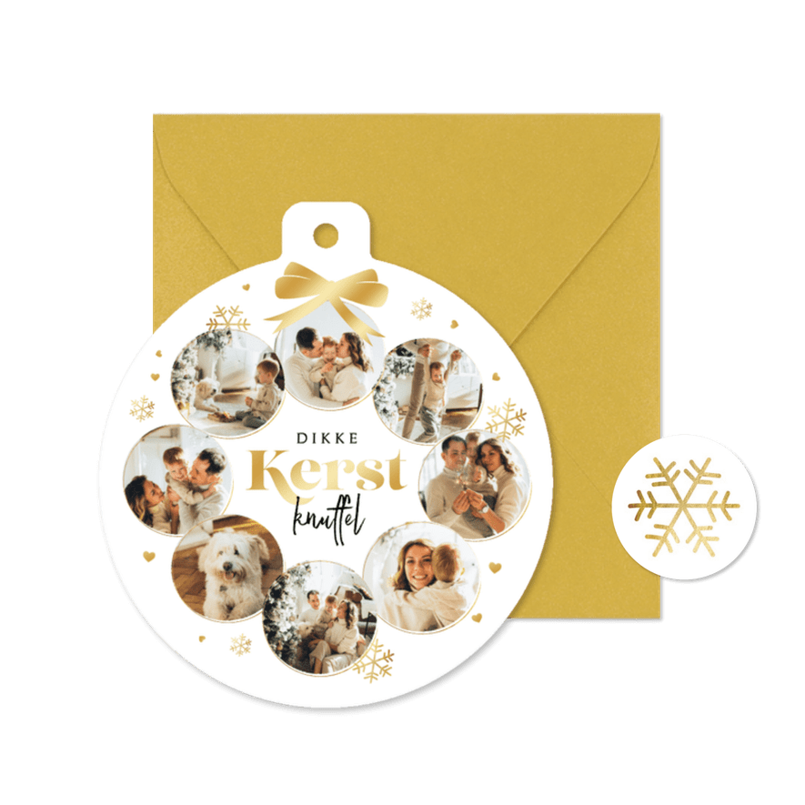 Kerstkaart kerstbal fotocollage hartjes sneeuw goud - Kaartimpressie