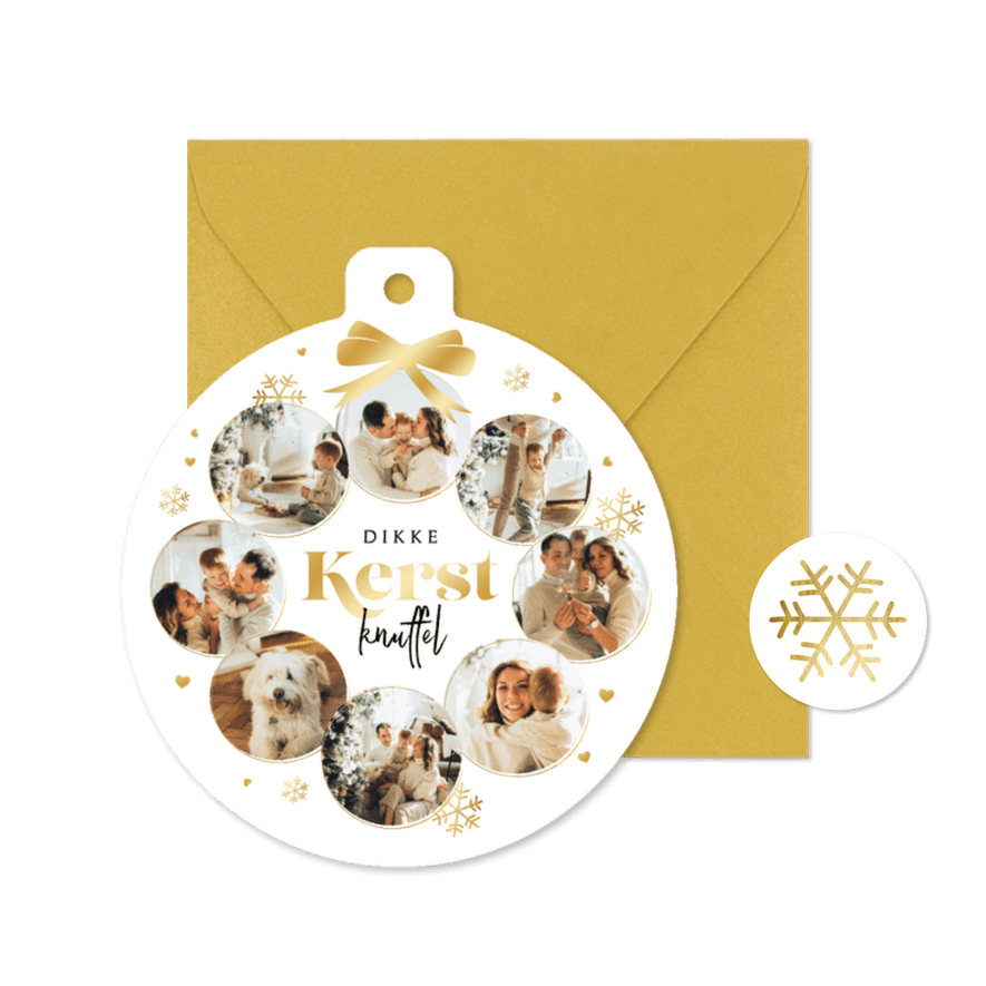 Kerstkaart kerstbal fotocollage hartjes sneeuw goud - Kaartimpressie