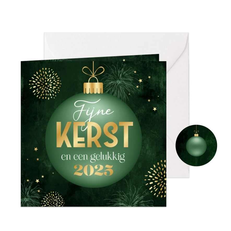 Kerstkaart kerstbal goud sterren fijne kerst vuurwerk - Kaartimpressie