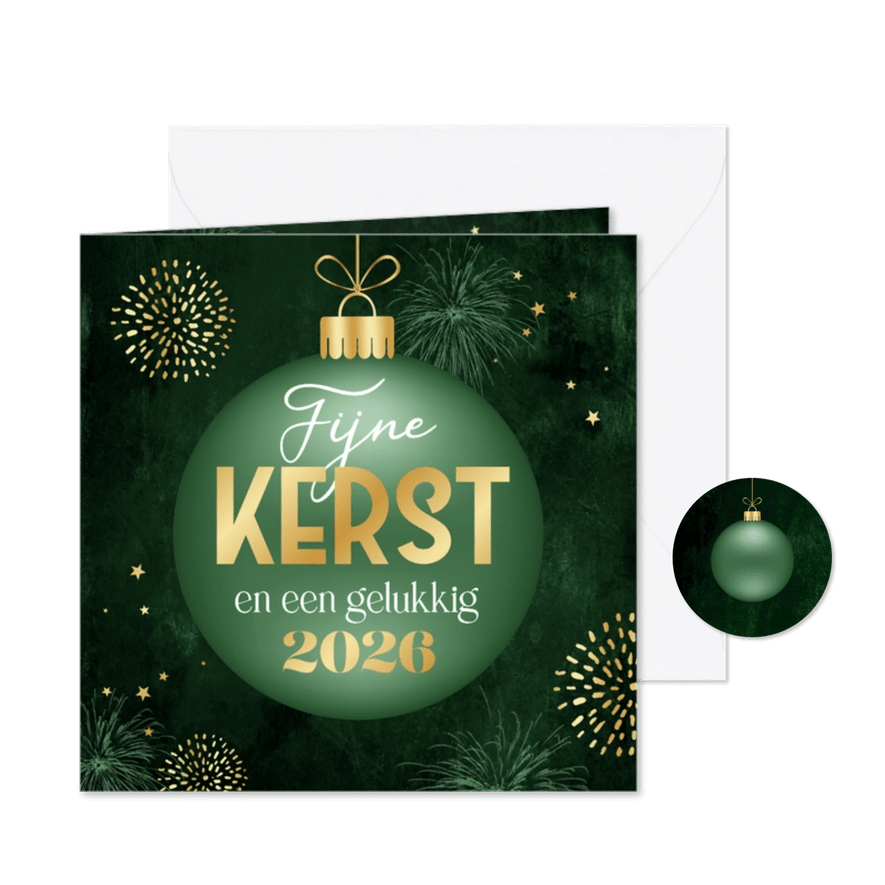 Kerstkaart kerstbal goud sterren fijne kerst vuurwerk - Kaartimpressie