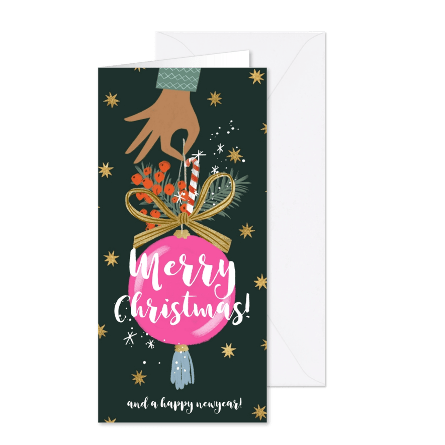 Kerstkaart kerstbal hand sterren goud strik - Kaartimpressie