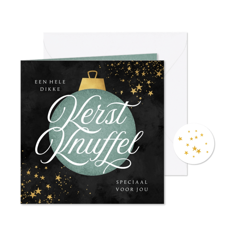 Kerstkaart kerstbal kerstknuffel sterretjes goud - Kaartimpressie