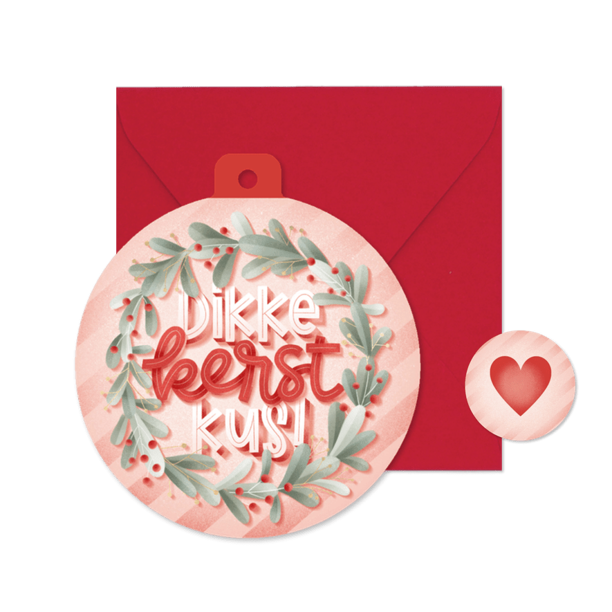 Kerstkaart kerstbal kerstkrans 'Dikke Kerstkus' en streepjes - Kaartimpressie