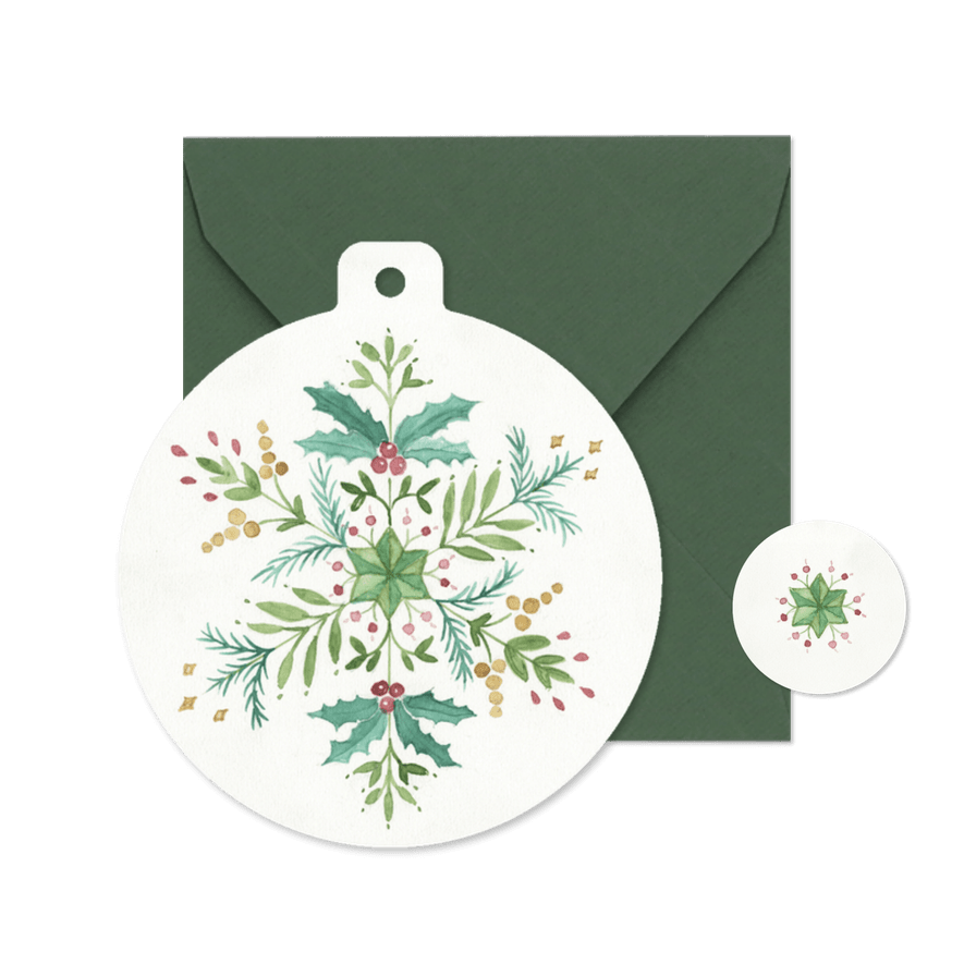 Kerstkaart kerstbal met kerstster van waterverf takjes - Kaartimpressie