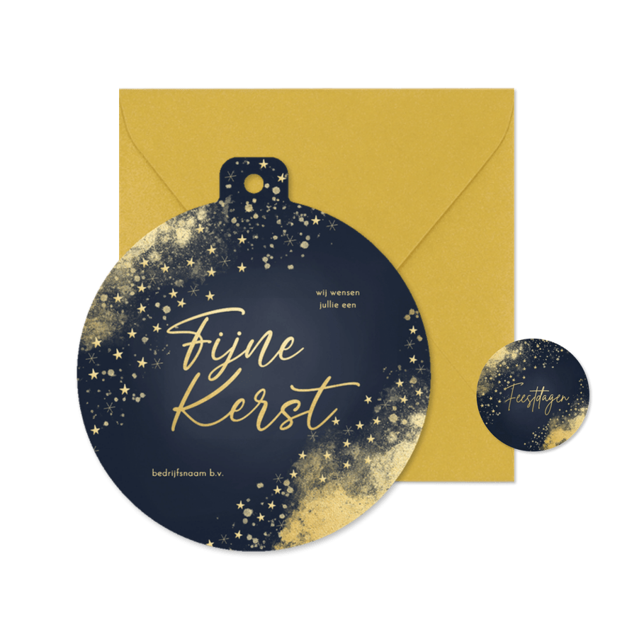 Kerstkaart kerstbal vorm spetters sterren goud - Kaartimpressie