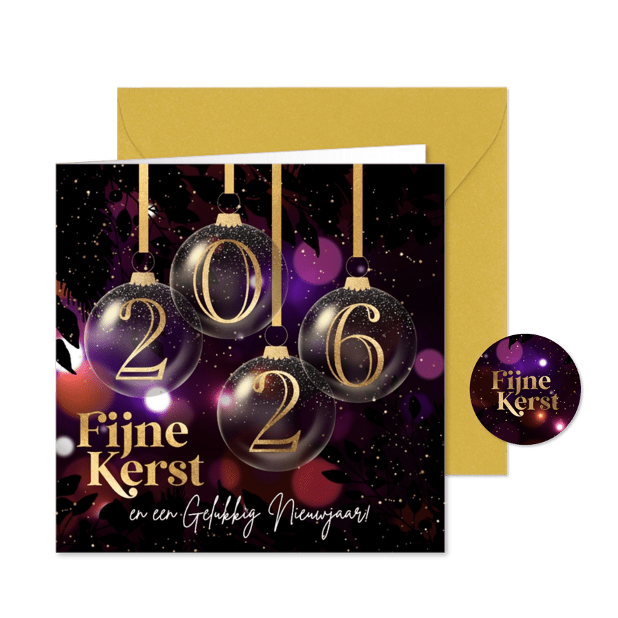 Kerstkaart kerstballen 2026 paars rood licht - Kaartimpressie