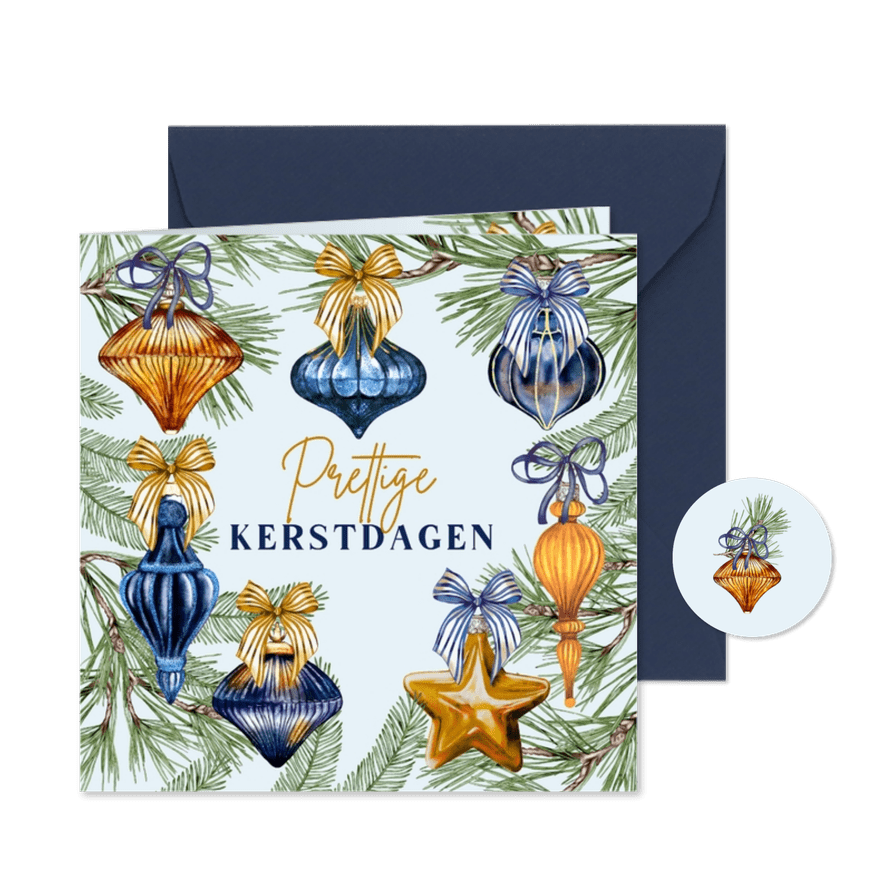 Kerstkaart kerstballen aan dennentakken - Kaartimpressie