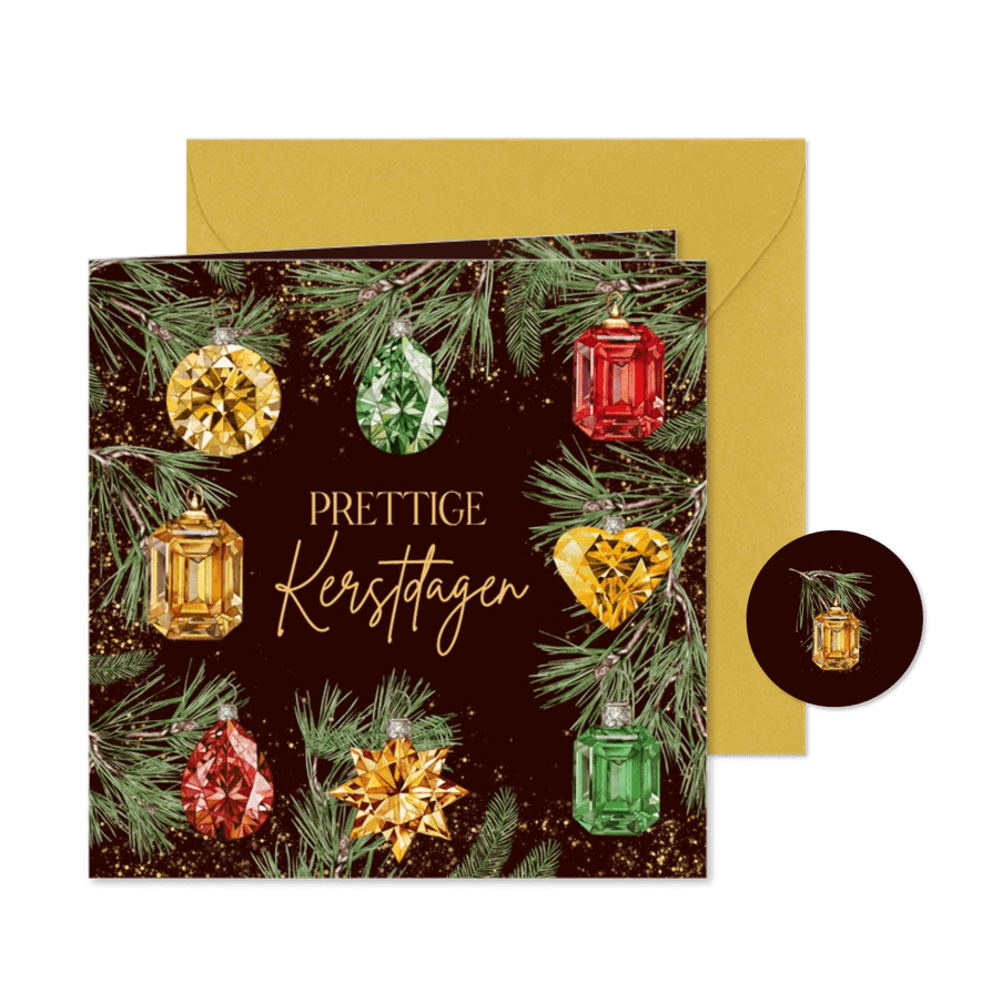 Kerstkaart kerstballen edelstenen - Kaartimpressie