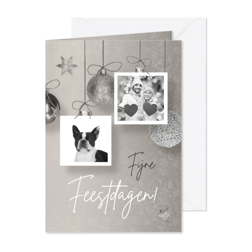 Kerstkaart kerstballen en 2x foto chique - Kaartimpressie