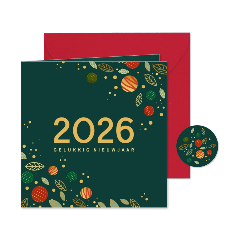 Kerstkaart kerstballen en goudlook glitters - Kaartimpressie