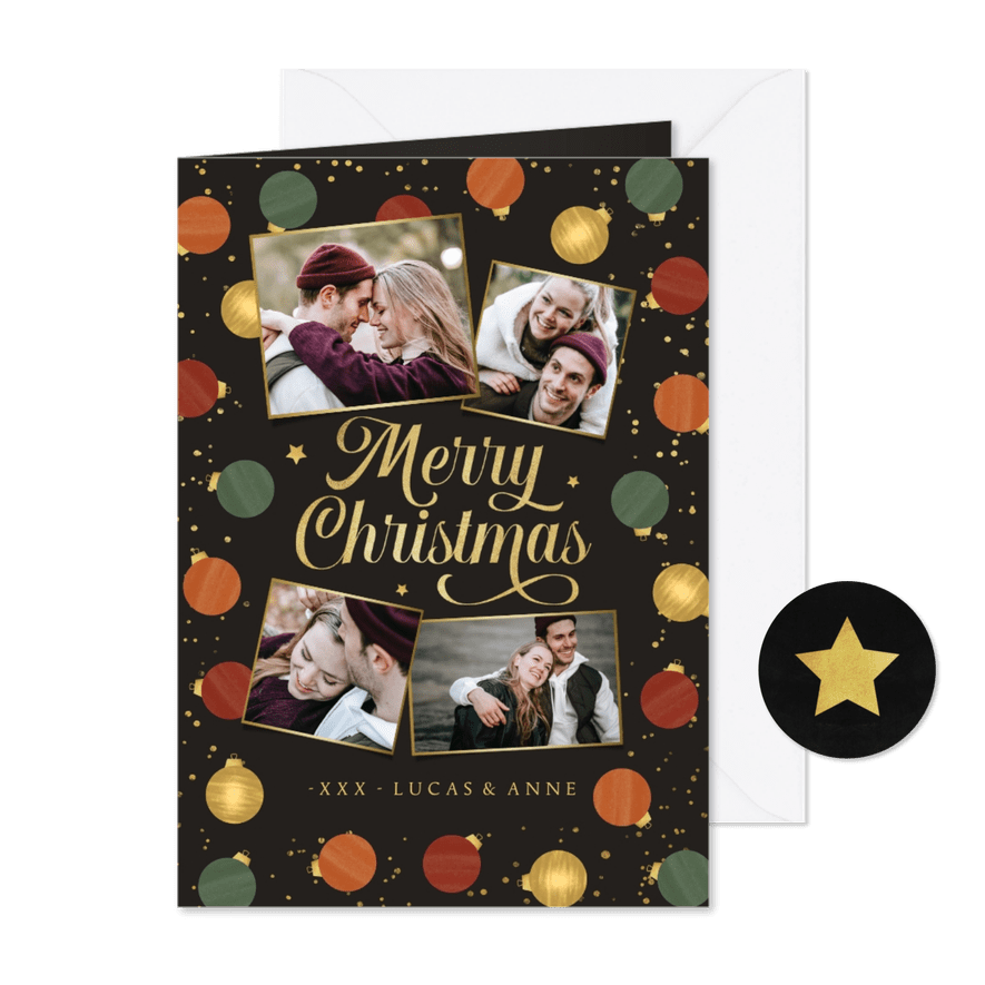 Kerstkaart kerstballen goud fotocollage merry christmas - Kaartimpressie