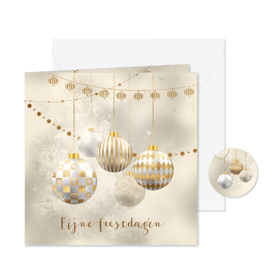 Kerstkaart kerstballen goud met wit - Kaartimpressie