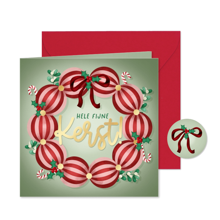 Kerstkaart kerstballen kerstkrans 'Fijne Kerst!' - Kaartimpressie