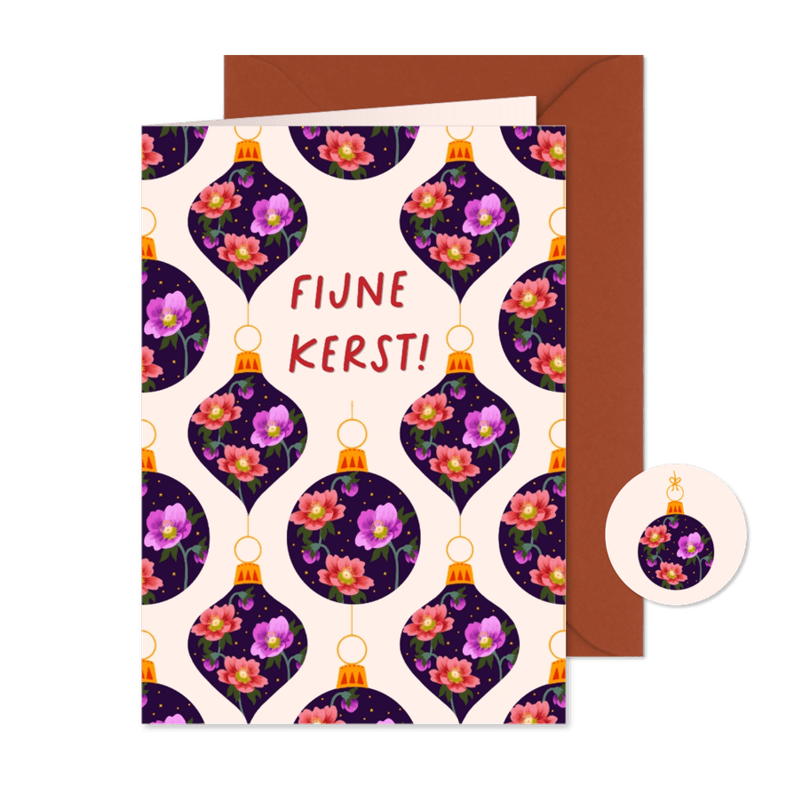 Kerstkaart kerstballen met bloemen - Kaartimpressie