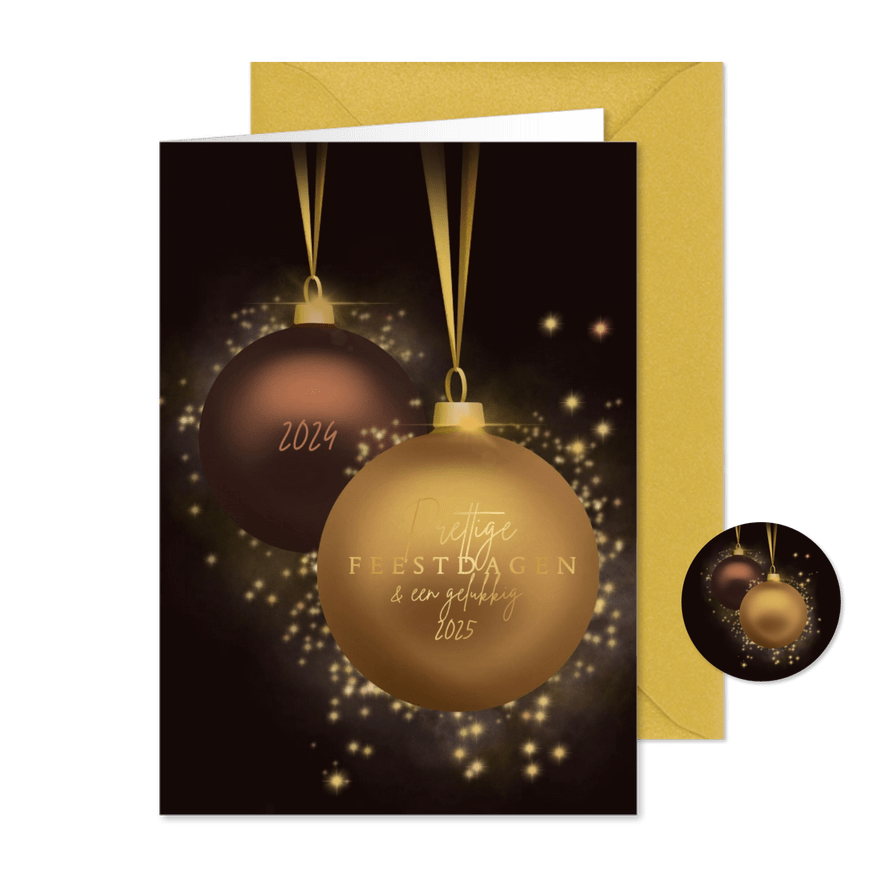 Kerstkaart kerstballen met glitter goudbruin - Kaartimpressie