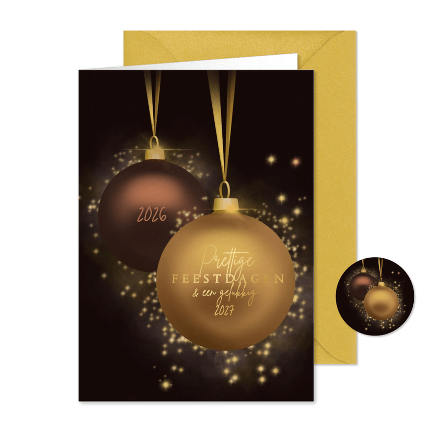 Kerstkaart kerstballen met glitter goudbruin - Kaartimpressie