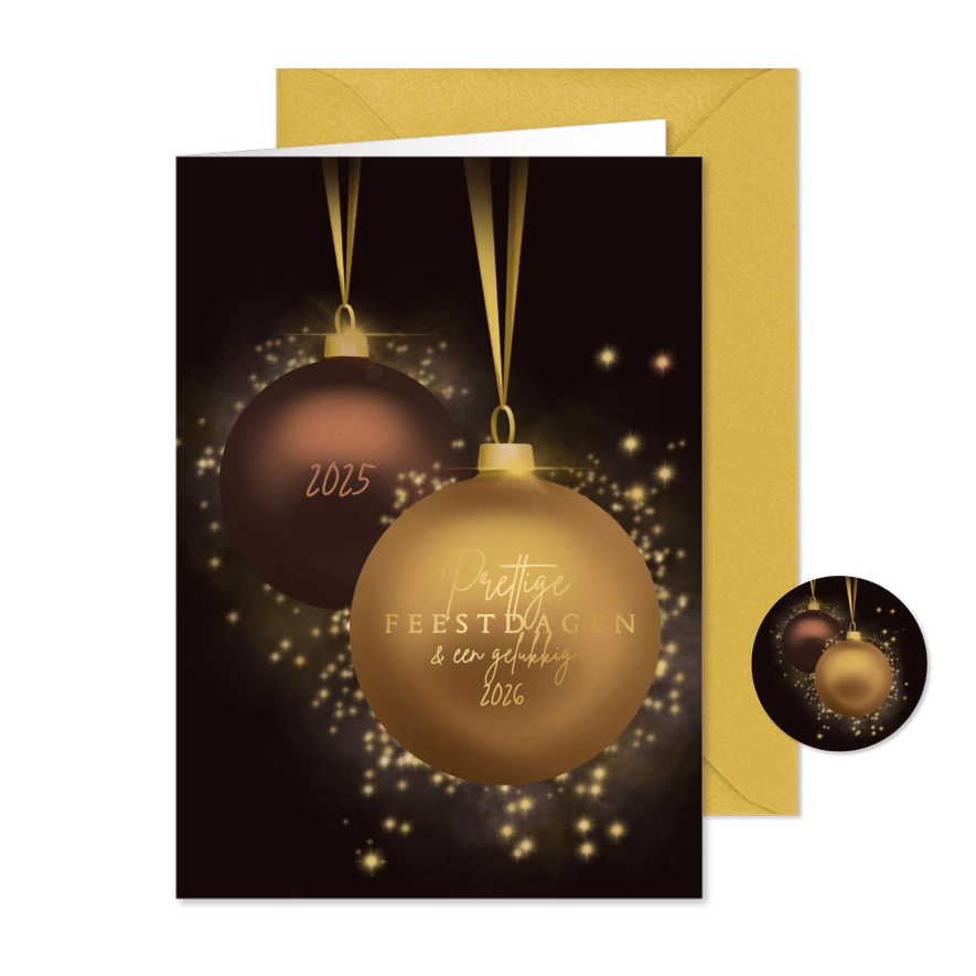 Kerstkaart kerstballen met glitter goudbruin - Kaartimpressie