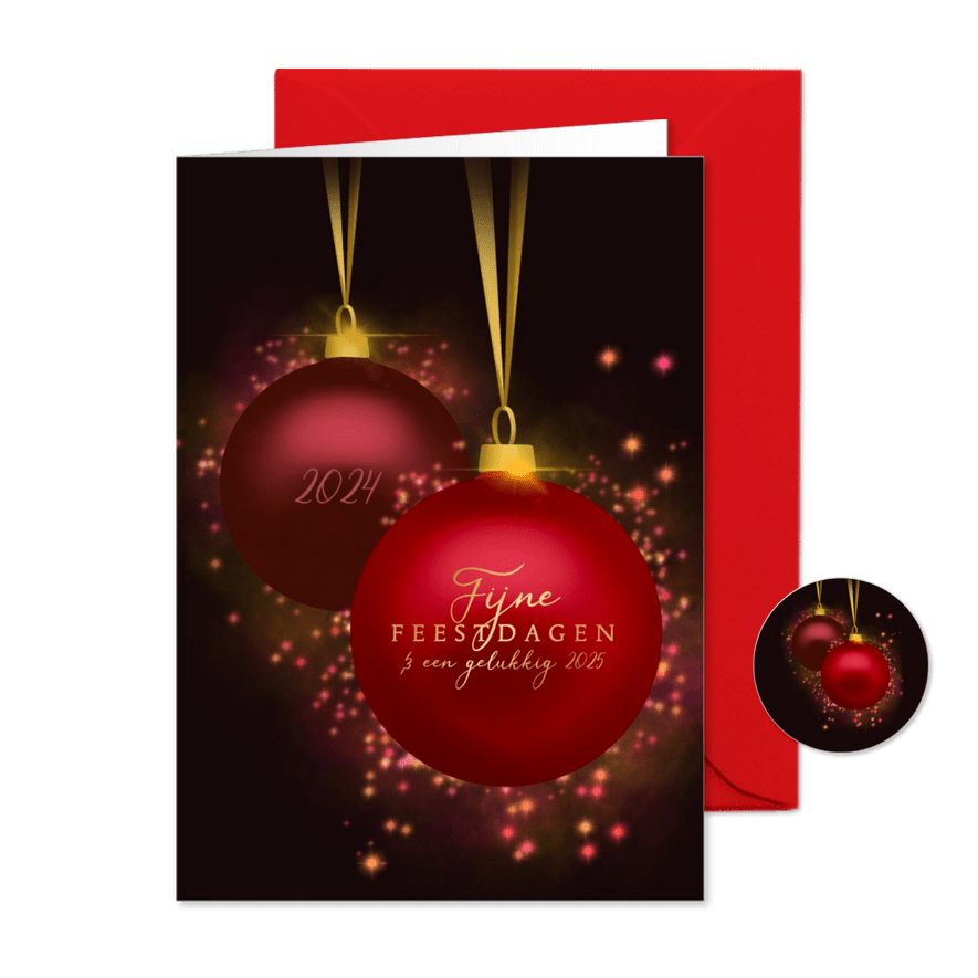 Kerstkaart kerstballen met glitter - Kaartimpressie