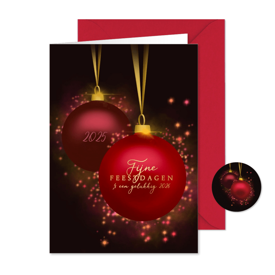 Kerstkaart kerstballen met glitter - Kaartimpressie