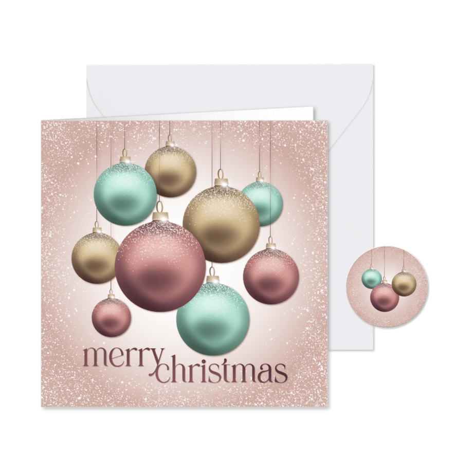 Kerstkaart kerstballen pastel kleuren - Kaartimpressie