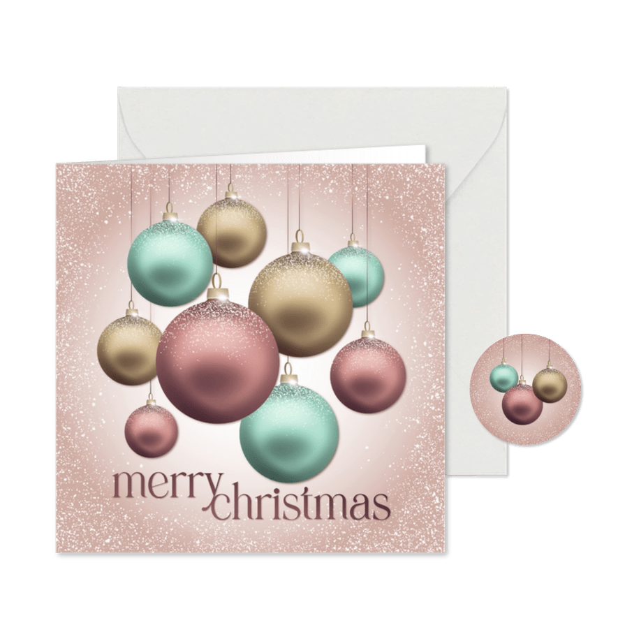 Kerstkaart kerstballen pastel kleuren - Kaartimpressie